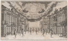 A group of young men dancing as the gods look on from above; set design from Il Pomo D'Or..., 1668. Creator: Mathäus Küsel