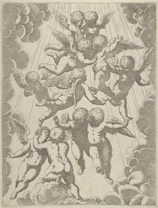 A group of angels embracing in flight, framed by clouds, after Reni, ca. 1600-1640. Creator: Anon