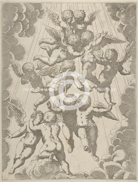 A group of angels embracing in flight, framed by clouds, after Reni, ca. 1600-1640. Creator: Anon.