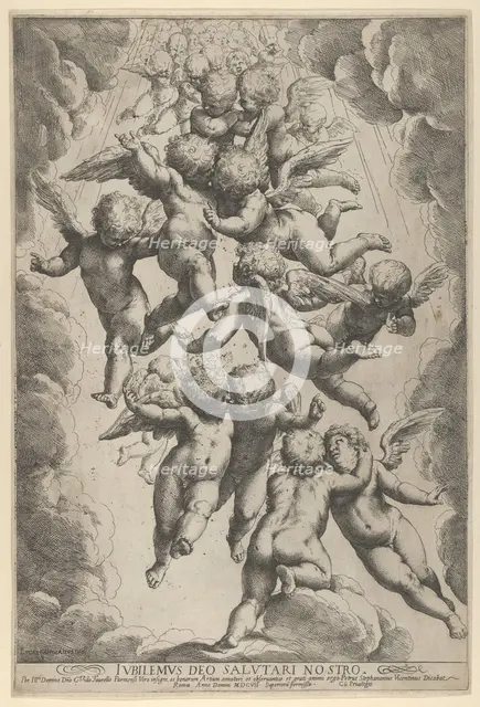 A group of angels embracing in flight, framed by clouds, ca. 1607., ca. 1607. Creator: Guido Reni.