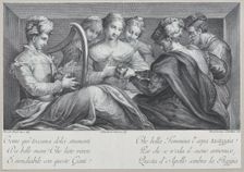 A group of elegantly dressed people playing the harp and a guitar, 1740-68. Creators: Bartolomeo Crivellari, Sebastiano Gamma