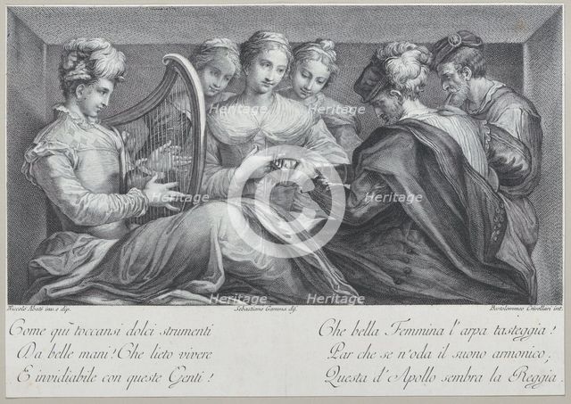 A group of elegantly dressed people playing the harp and a guitar, 1740-68. Creators: Bartolomeo Crivellari, Sebastiano Gamma.