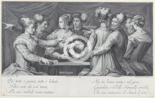 A group of elegantly dressed people playing cards, 1740-68. Creators: Bartolomeo Crivellari, Sebastiano Gamma.