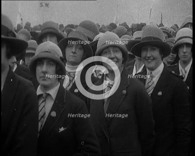 A Group of Female Civilians Wearing Ties, Coats and Hats at a Political Rally, 1920. Creator: British Pathe Ltd.