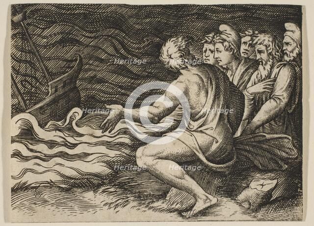 A group of figures at right witnessing a shipwreck, ca. 1515-27. Creator: Marco Dente.