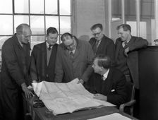 A group of foundry staff with technical drawings, Sheffield, South Yorkshire, 1963. Creator: Michael Walters