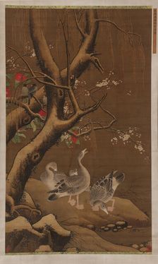 A group of geese under snow-covered willow and blossoming trees, Ming dynasty, 16th-17th cent. Creator: Unknown