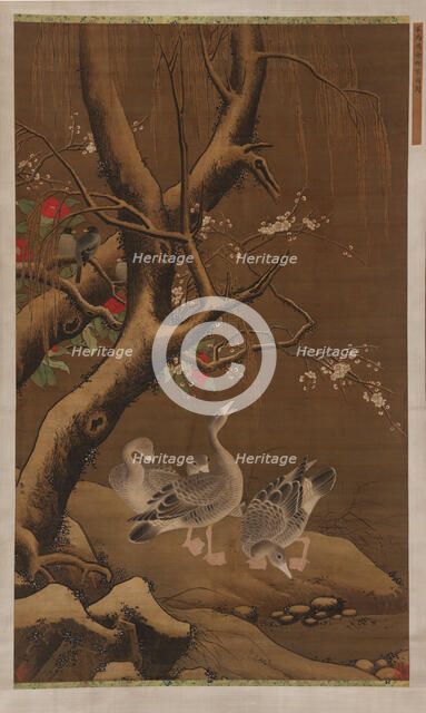 A group of geese under snow-covered willow and blossoming trees, Ming dynasty, 16th-17th cent. Creator: Unknown.