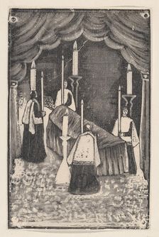 A group of holy men holding candles around a bier with a prelate, ca. 1880-1910., ca. 1880-1910. Creator: José Guadalupe Posada