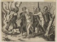 A group of men at right pushing philosophers toward a fire with burning books at th..., ca. 1515-27. Creator: Attributed to Marco Dente (Italian, Ravenna, active by 1515-died 1527 Rome)