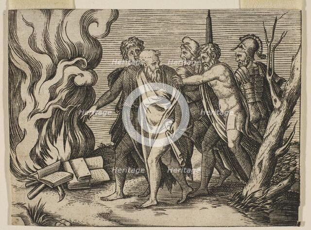A group of men at right pushing philosophers toward a fire with burning books at th..., ca. 1515-27. Creator: Attributed to Marco Dente (Italian, Ravenna, active by 1515-died 1527 Rome).