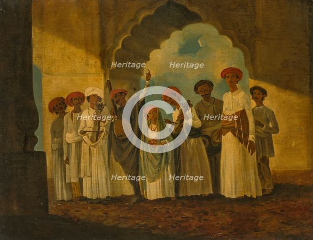 A group of musicians playing Sarangi, a Tambura and Tablas. Creator: Hodges, William (1744-1797).