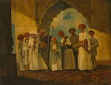 A group of musicians playing Sarangi, a Tambura and Tablas. Creator: Hodges, William (1744-1797)