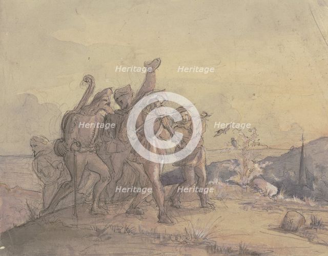 A group of musicians wanders through a landscape, mid-19th century. Creator: Victor Muller.