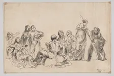 A group of nine women, one at center holds a baby and one at right holds a shepherdes..., 1750-1850. Creator: Anon