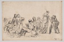 A group of nine women, one at center holds a baby and one at right holds a shepherdes..., 1750-1850. Creator: Anon