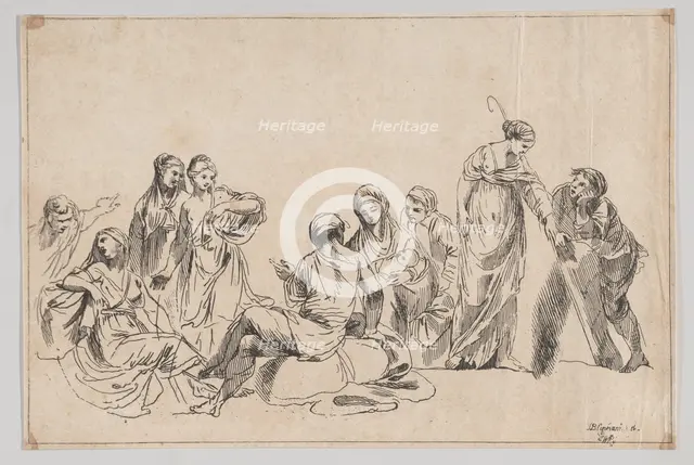 A group of nine women, one at center holds a baby and one at right holds a shepherdes..., 1750-1850. Creator: Anon.