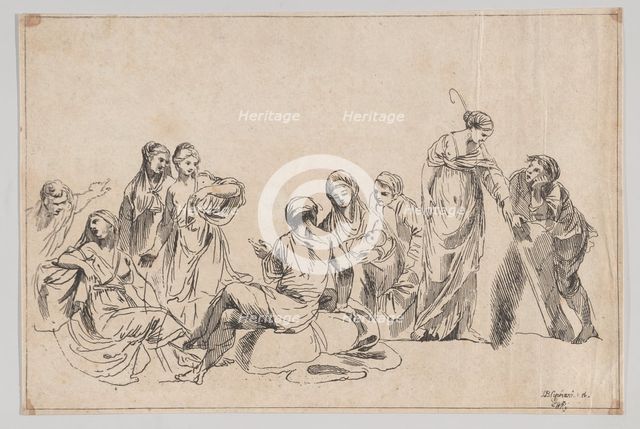 A group of nine women, one at center holds a baby and one at right holds a shepherdes..., 1750-1850. Creator: Anon.