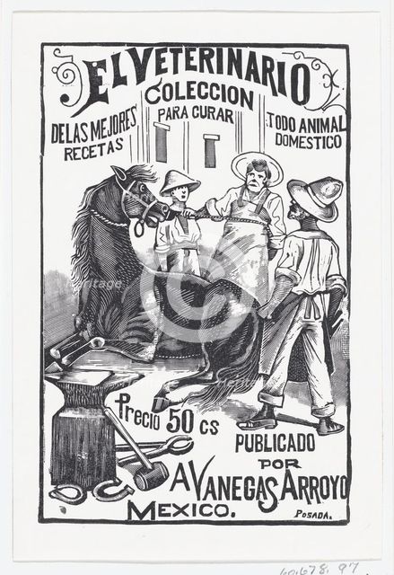 A group of people surrounding a horse, illustration for 'El Veterinario (The Vete..., ca. 1880-1910. Creator: José Guadalupe Posada.