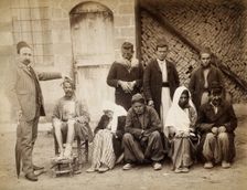 A group of people with leprosy in Jerusalem: a man in a striped suit..., c1890s. Creator: Unknown