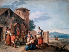 A group of peasants before the tabernacle with the Standing Madonna statue, c1750. Artist: Giuseppe Zais