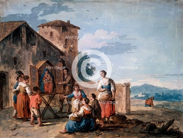 'A group of peasants before the tabernacle with the Standing Madonna statue, c1750.  Artist: Giuseppe Zais