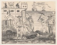 A group of prisoners performing labor by the sea, from a broadside entitled "Ultimas notic..., 1892. Creator: José Guadalupe Posada