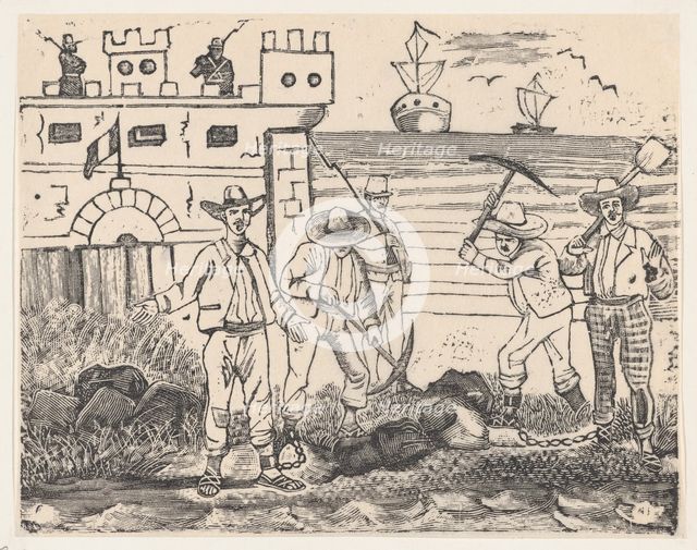 A group of prisoners performing labor by the sea, from a broadside entitled "Ultimas notic..., 1892. Creator: José Guadalupe Posada.