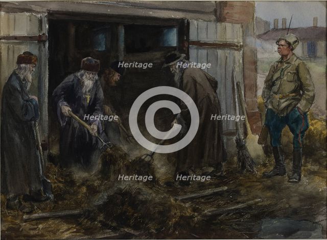 A group of Russian priests forced to clear the barrack stables, 1918.