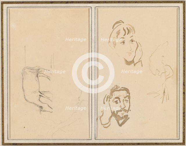 A Grazing Cow; Head of a Woman with Her Hand on Her Cheek, and Head..., [verso], 1884-1888. Creator: Paul Gauguin.