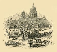 A grand procesiion of decorated barges from Whitehall to Limehouse (1907). Creator: Unknown