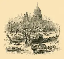 A grand procesiion of decorated barges from Whitehall to Limehouse (1907). Creator: Unknown