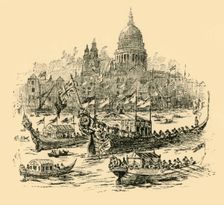 A grand procesiion of decorated barges from Whitehall to Limehouse (1907). Creator: Unknown