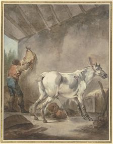 A grey horse in its stall, with a farmer hanging up a saddle, mid-late 18th century. Creator: Francesco Giuseppe Casanova