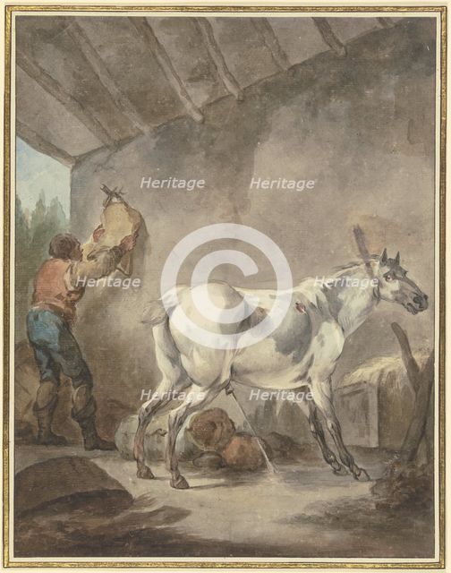 A grey horse in its stall, with a farmer hanging up a saddle, mid-late 18th century. Creator: Francesco Giuseppe Casanova.