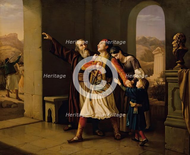 A Greek warrior says goodbye, 1847. Creator: Leopold Loffler.