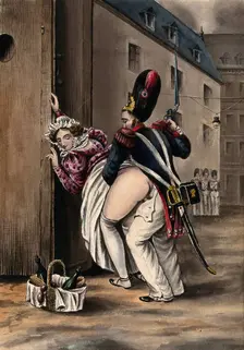 A grenadier and a woman having sexual intercourse outside a sentry box, she has laid her basket... Creator: Unknown