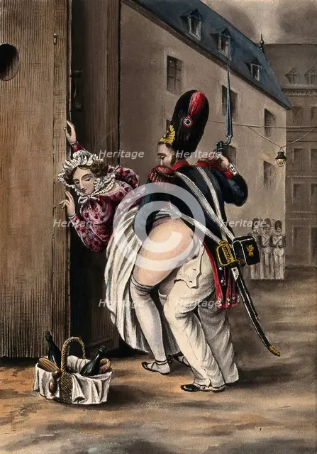 A grenadier and a woman having sexual intercourse outside a sentry box, she has laid her basket... Creator: Unknown.