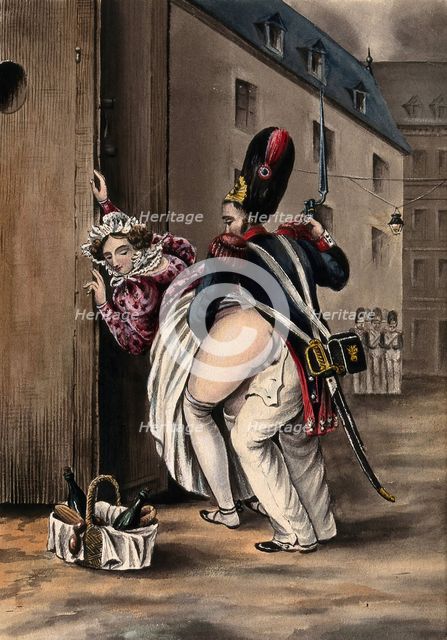 A grenadier and a woman having sexual intercourse outside a sentry box, she has laid her basket... Creator: Unknown.