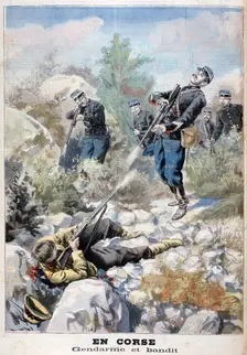 A gun battle between a bandit and the gendarmerie, Corsica, 1898. Creator: F Meaulle