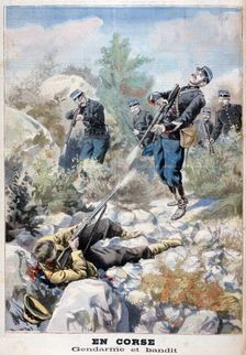 A gun battle between a bandit and the gendarmerie, Corsica, 1898. Creator: F Meaulle