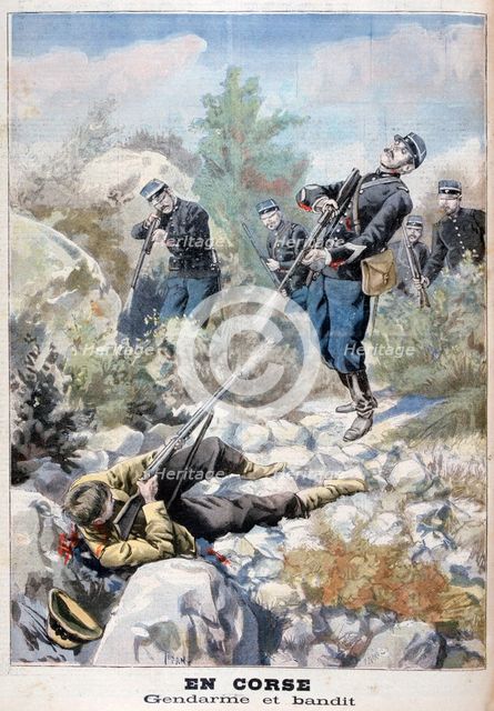 A gun battle between a bandit and the gendarmerie, Corsica, 1898. Creator: F Meaulle.