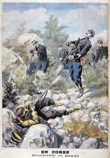 A gun battle between a bandit and the gendarmerie, Corsica, 1898. Creator: F Meaulle