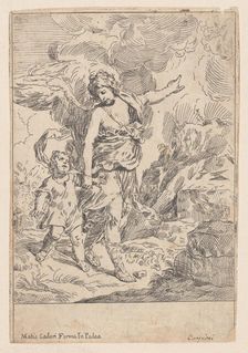 A guardian angel walking hand in hand with a young child, 1640-60. Creator: Giulio Carpioni