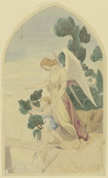 A guardian angel guides a child across a chasm, c1840. Creator: Jakob Jung