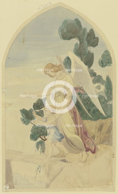 A guardian angel guides a child across a chasm, c1840. Creator: Jakob Jung.