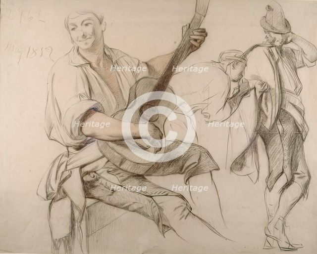 A Guitarist - Study for "Life Among the Gypsies" & verso Mother and Child-for…, 1852. Creator: John Phillip.