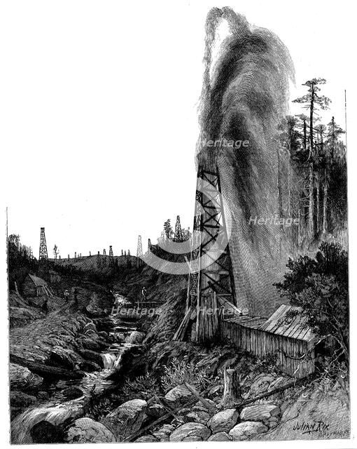 A gusher in the Pennsylvanian oilfields, USA, 1886. Artist: Unknown