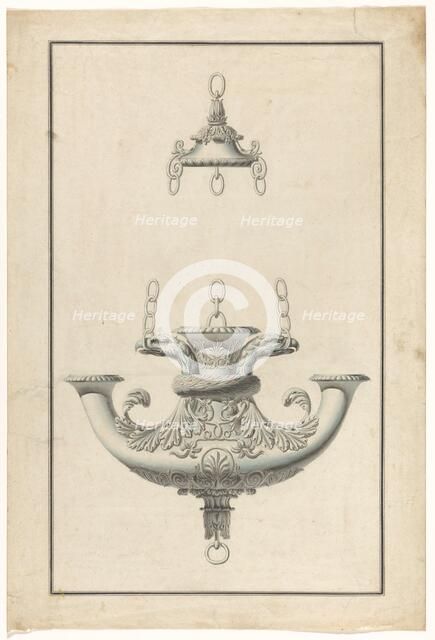 A hanging, patinated bronze lamp for three candles, decorated with eagle heads, c.1805-c.1820. Creator: Anon.