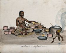 A halwai (sweet maker) weighing some mithai (sweets), (between 1800 and 1899?). Creator: Unknown